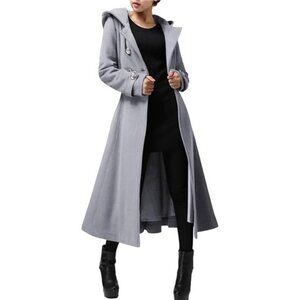 Women's Long Double Breasted Hooded Coat Winter Warm Wool Trench Coat